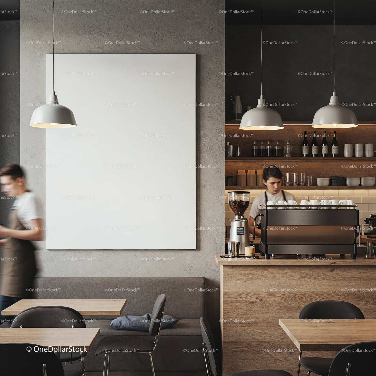 Minimalistyczne wnętrze kawiarni z baristą i pustym płótnem