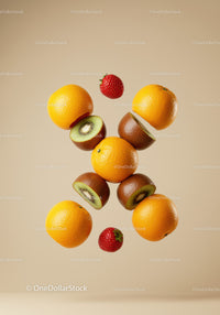 Floating fresh citrus and kiwi with strawberries on beige