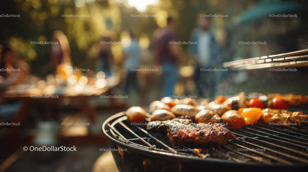 Grill na świeżym powietrzu z mięsem i warzywami na letnim pikniku