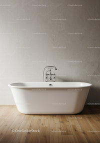Modern White Bathtub in Minimalist Bathroom with Wooden Floor