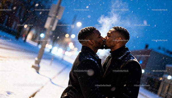Couple Sharing a Tender Kiss on Snowy Urban Evening