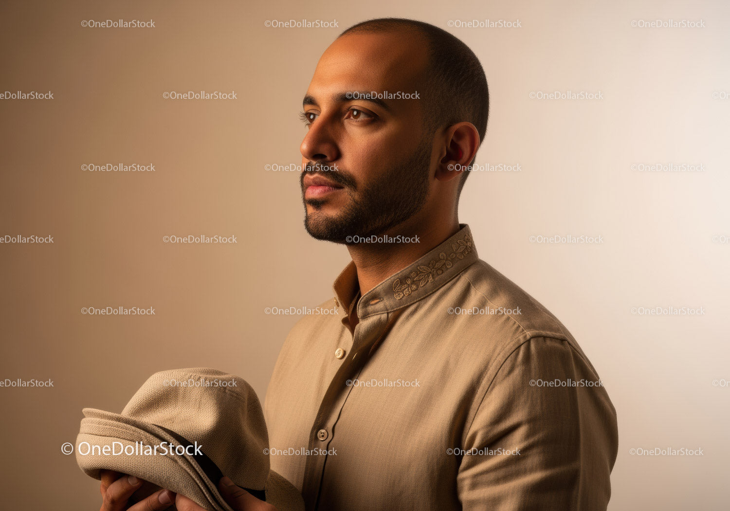 Stylish Man in Brown Shirt Holding Beige Hat with Confident Expression