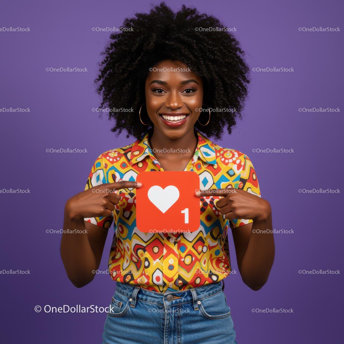 Vibrant Young Woman Holding Social Media Icon in Colorful Outfit
