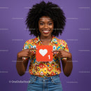 Vibrant Young Woman Holding Social Media Icon in Colorful Outfit