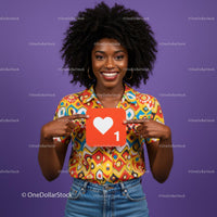 Vibrant Young Woman Holding Social Media Icon in Colorful Outfit