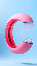 Modern Pink Faucet with Water Flow and Crystals in a Blue Background