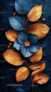 Decorative Blue and Orange Leaf Arrangement with Gold Accents