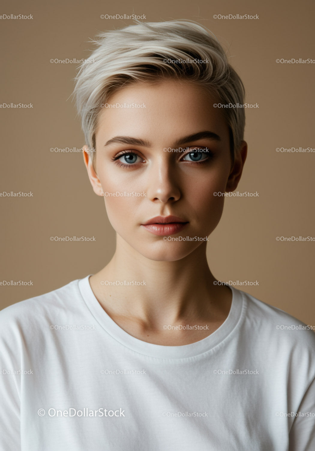Portrait of a Young Woman with Short Platinum Hair and Blue Eyes