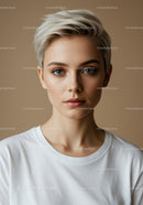 Portrait of a Young Woman with Short Platinum Hair and Blue Eyes