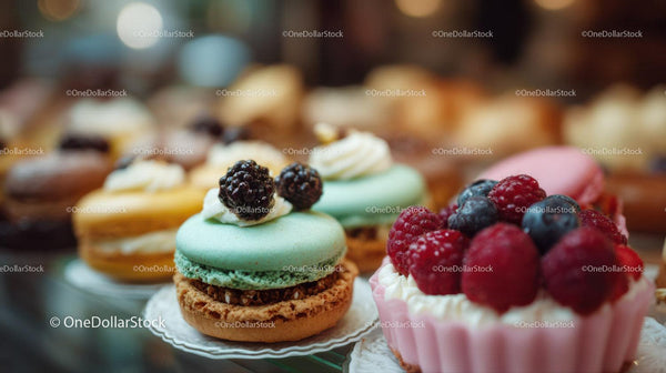 Assorted Macarons with Berries on Elegant Dessert Display