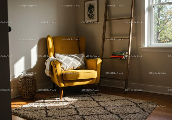 Cozy sunlit corner with yellow armchair and ladder bookshelf