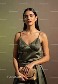 Elegant Woman Wearing Satin Dress and Gold Jewelry Holding Clutch