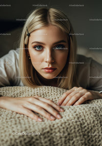 Beautiful Blonde Woman with Blue Eyes Relaxing on Cozy Carpet