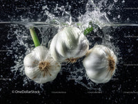 Fresh Garlic Bulbs Splashing into Water with Dynamic Motion