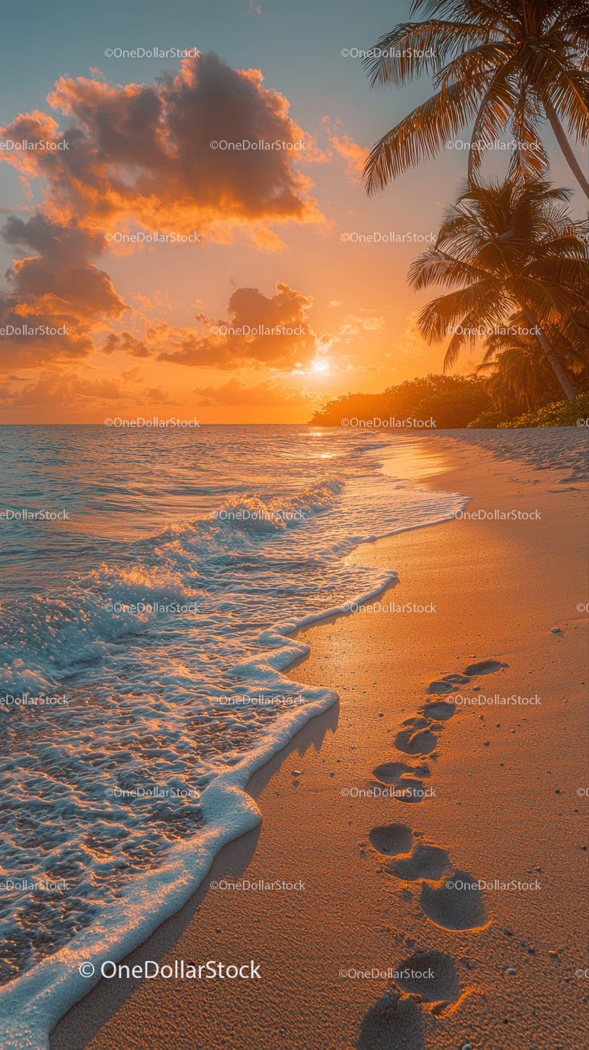 Tropical Sunset Over Calm Seashore with Footsteps on Golden Sand