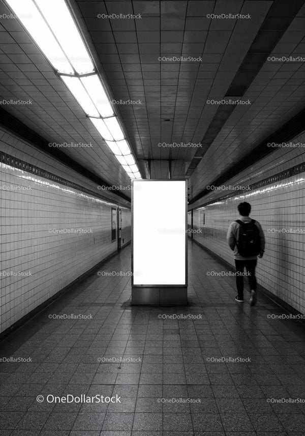 Modern Subway Station with Tiled Walls and Bright Fluorescent Lighting JPG Mockup Image
