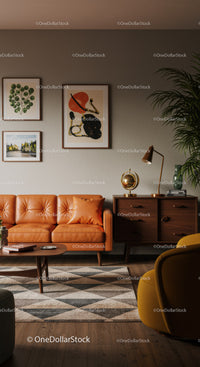 Cozy living room with retro orange leather sofa and decor