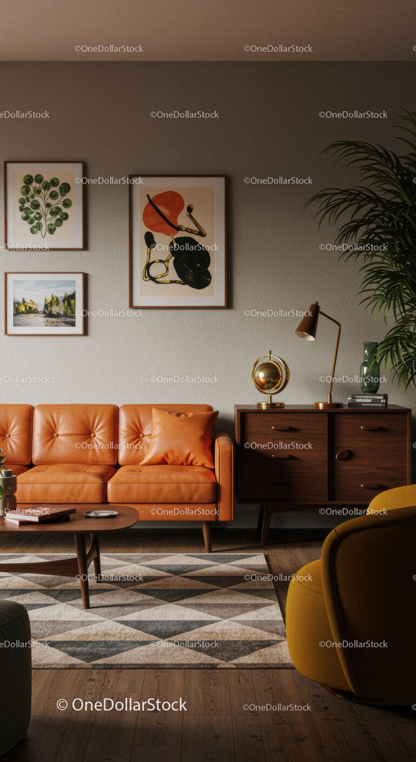 Przytulny salon z retro pomarańczową skórzaną sofą i dekoracjami