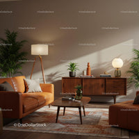 Cozy living room with leather sofas and mid-century decor