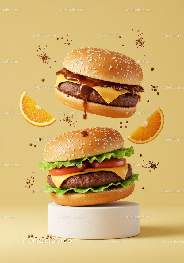 Cheeseburgers Floating with Fresh Lettuce and Tomato Slices