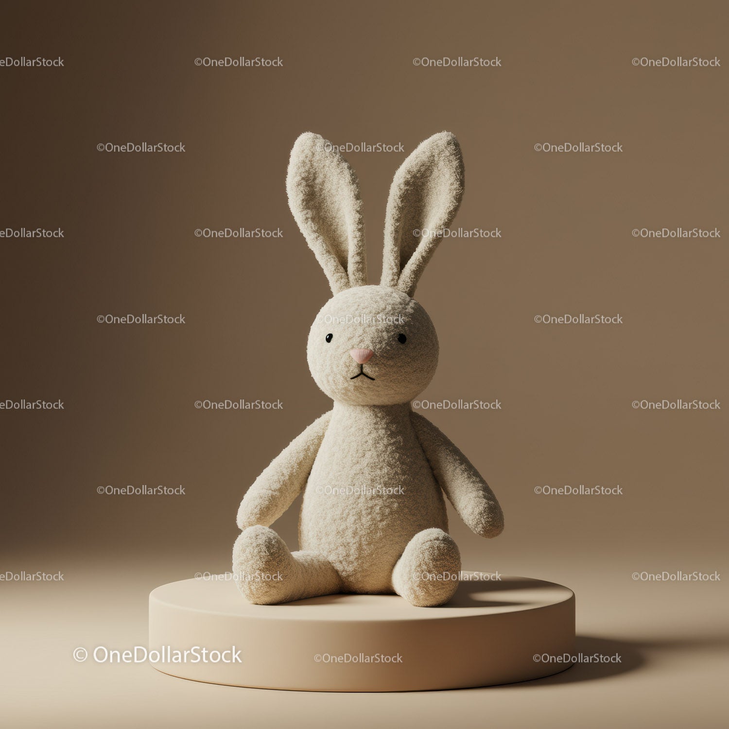 Soft Beige Plush Bunny Sitting on Round Pedestal
