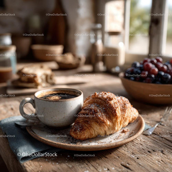 Fresh Croissant and Coffee on Rustic Wooden Table in Cozy Kitchen