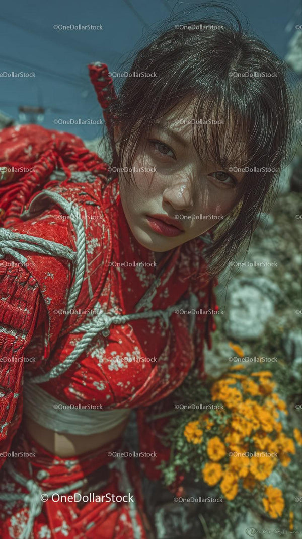 Portrait of a Woman in Red Kimono Surrounded by Marigolds in Natural Light