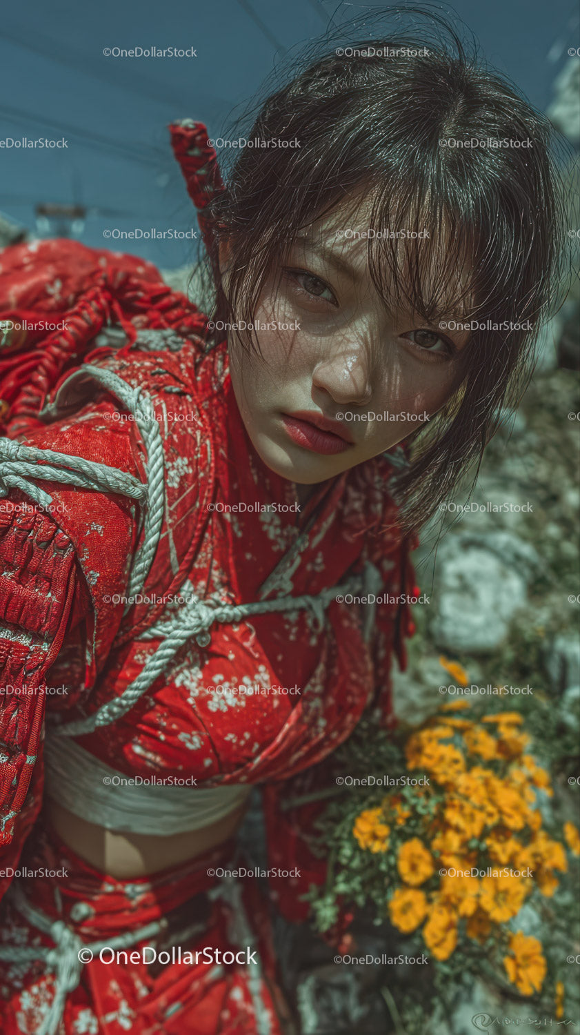 Portret kobiety w czerwonym kimonie w otoczeniu nagietków w naturalnym świetle