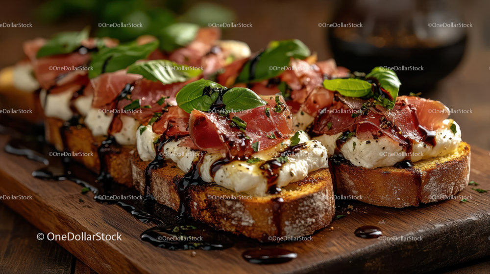 Wykwintna bruschetta z bazylią, szynką dojrzewającą i mozzarellą na grzance