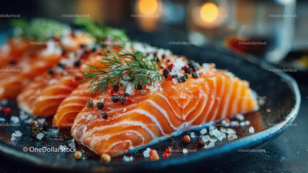 Świeże filety z łososia ozdobione koperkiem i ziarnami pieprzu do kuchni gourmet