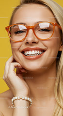 Smiling woman with trendy orange glasses and pearl bracelet