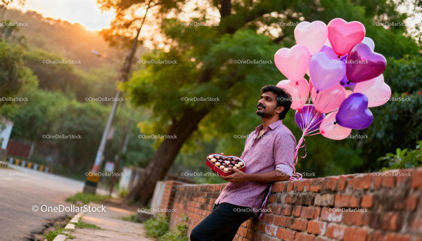 Man holding heart-shaped chocolates with romantic balloons