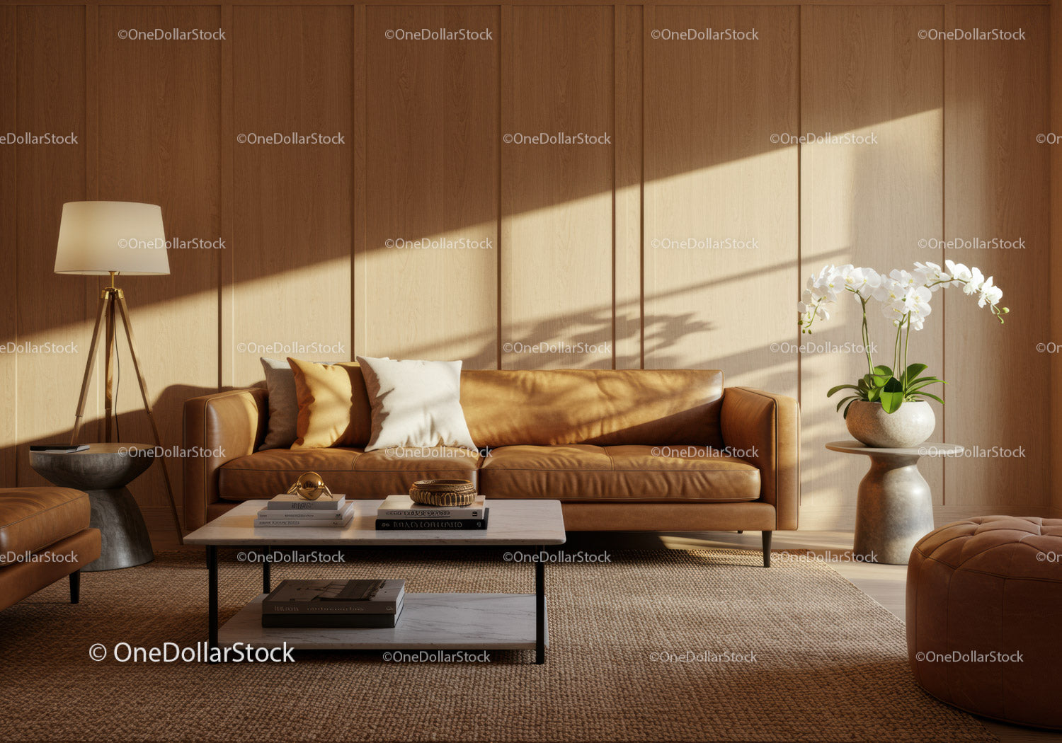 Cozy living room with leather sofa and natural light