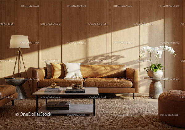 Cozy living room with leather sofa and natural light