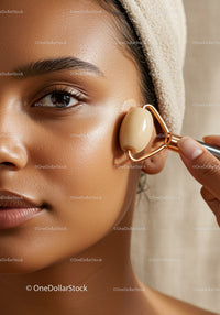 Close-Up of Woman with Facial Roller Applying Skin Care Treatment