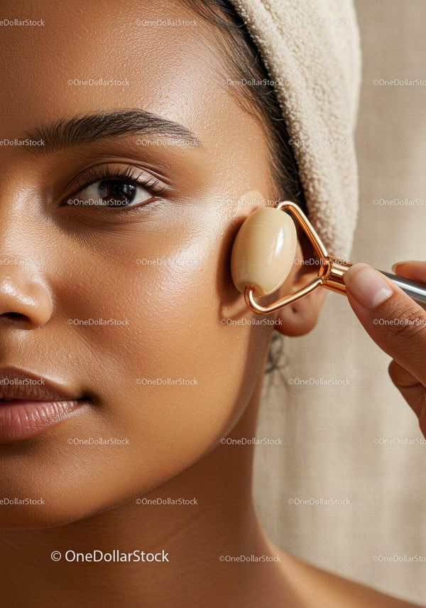 Close-Up of Woman with Facial Roller Applying Skin Care Treatment