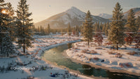Mountain river winding through snow-covered pine forest