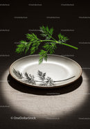 Fresh dill casting shadow on empty ceramic plate