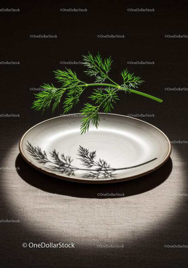Świeży koper rzucający cień na pusty ceramiczny talerz