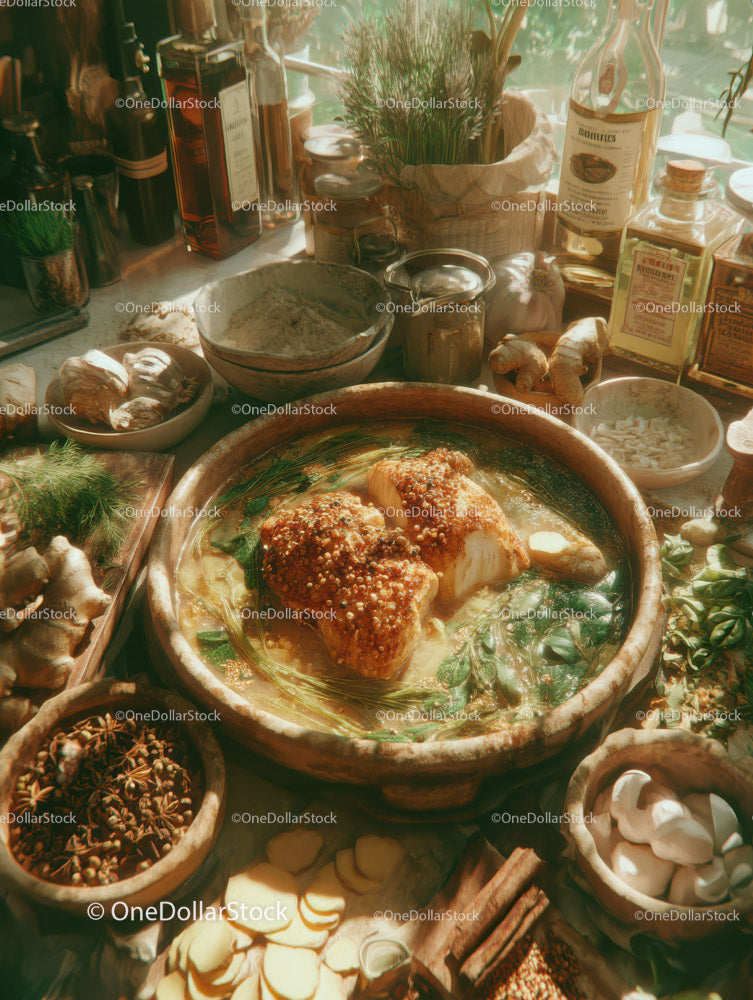 Herbal Asian Chicken Dish in Rustic Cooking Style