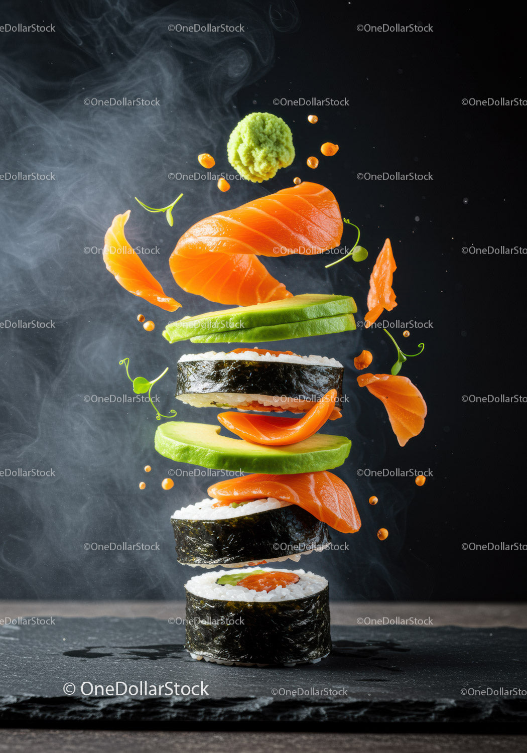 Floating salmon sushi with avocado and herbs