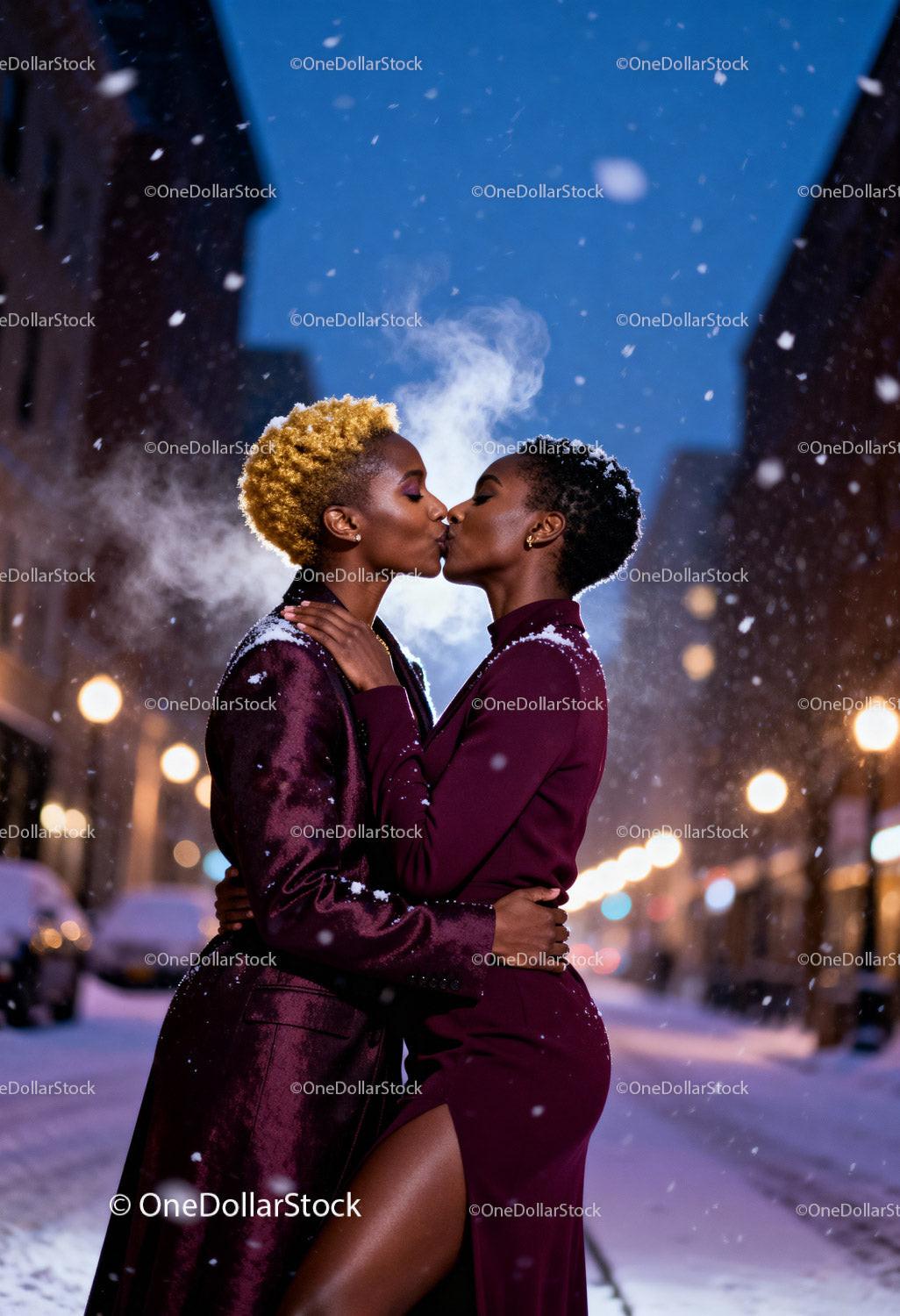 Romantic winter kiss between two elegant women outdoors