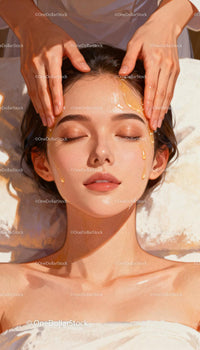 Relaxing facial massage with glowing golden oil drops