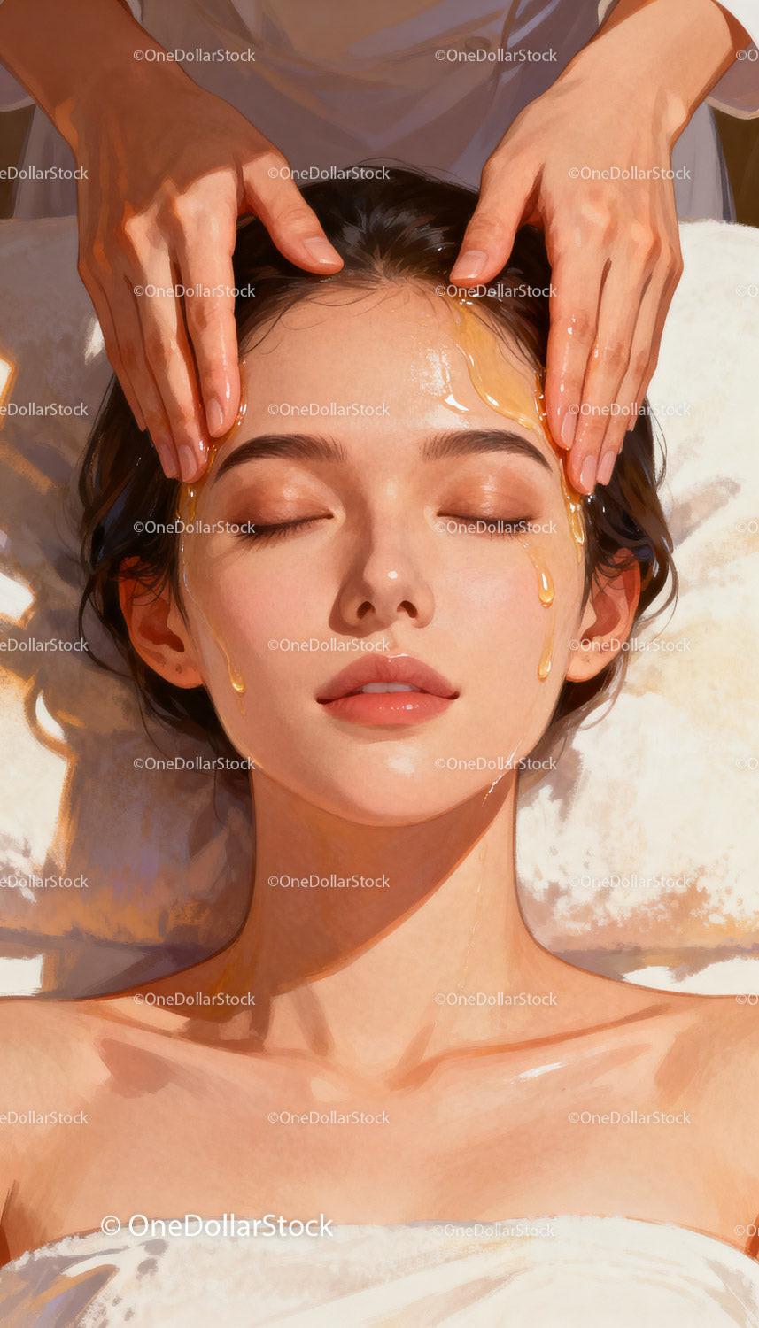 Relaxing facial massage with glowing golden oil drops