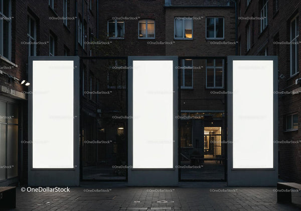 Three Large Illuminated Blank Billboards in Urban Alley JPG Mockup Image
