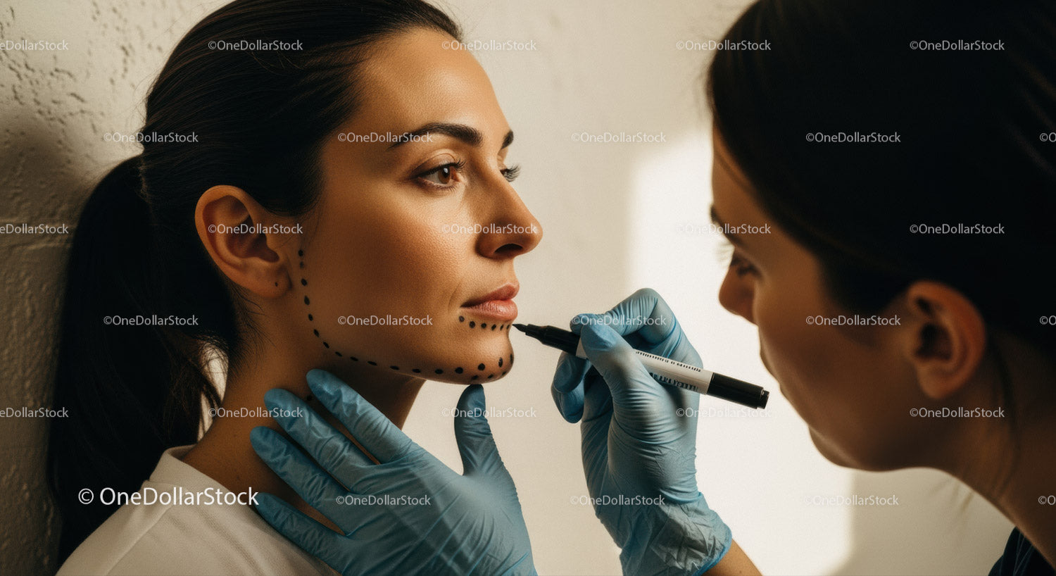 Woman Undergoing Facial Marking Procedure in a Beauty Clinic