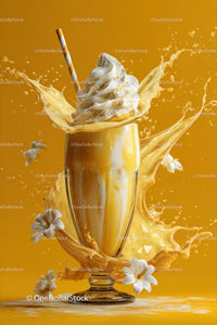 Vanilla Soft Serve Ice Cream Splash in Glass on Golden Background