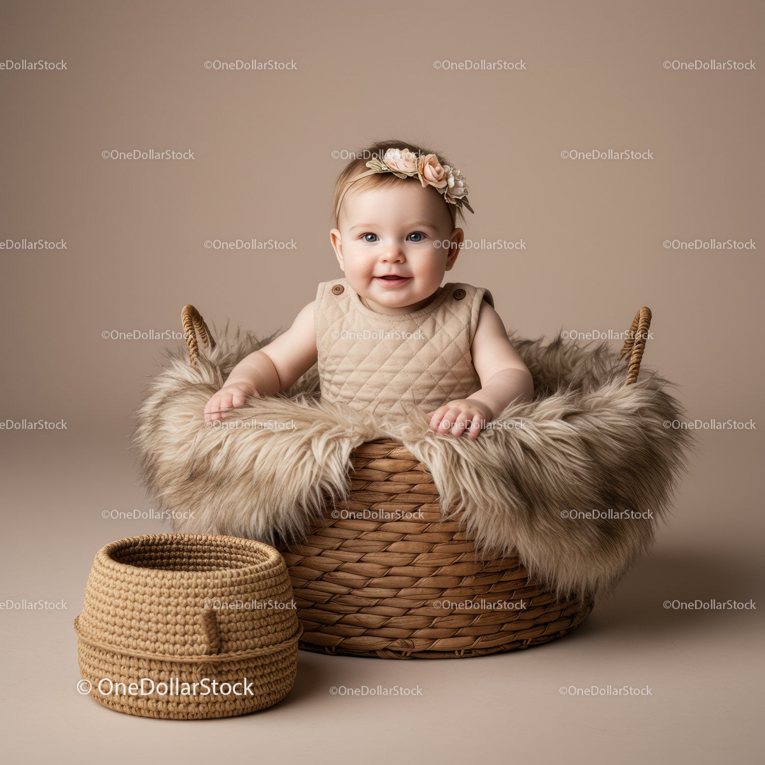 Smiling baby girl with floral headband in cozy basket
