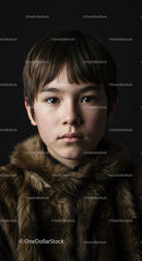 Young Boy Portrait in Fur Coat with Serious Expression