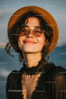 Stylish Woman Wearing Straw Hat and Round Sunglasses Outdoor Portrait